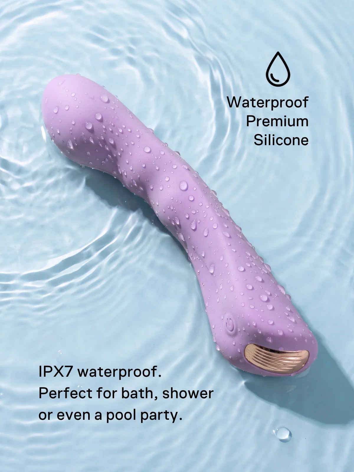 Vesper IPX7 waterproof G-spot vibrator made from premium lavender silicone, covered in water droplets.