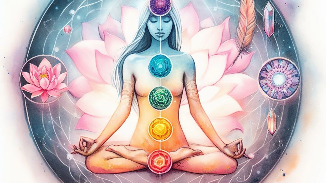 Meditative figure with chakras aligned, surrounded by lotus petals and energy symbols, representing energetic awareness and spiritual boundaries.