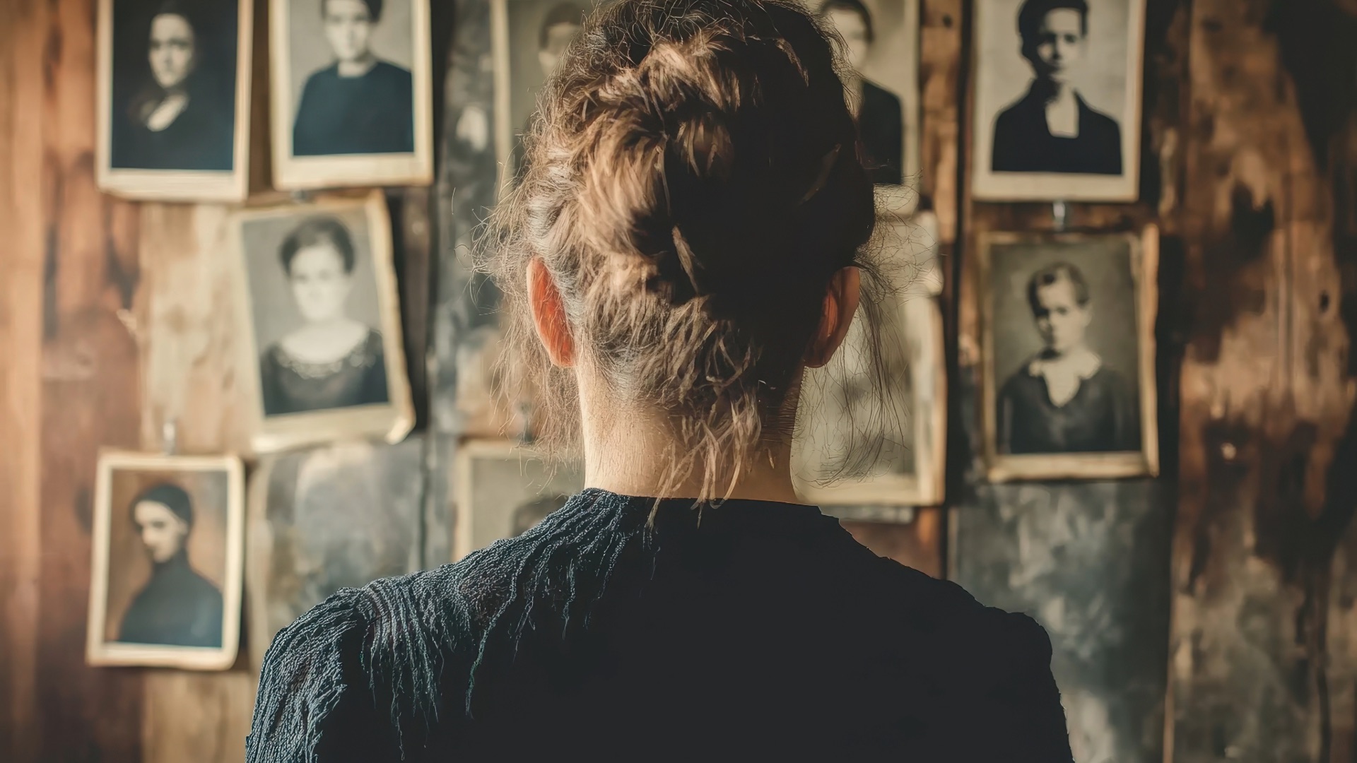 Woman reflecting on ancestral family photos during family constellations and ancestral healing therapy session
