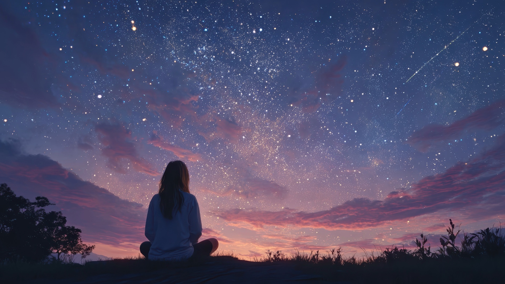 Woman meditating under a starry night sky at sunset, symbolising mindfulness, inner peace and meditation practice – Abi Beri holistic therapist Ireland