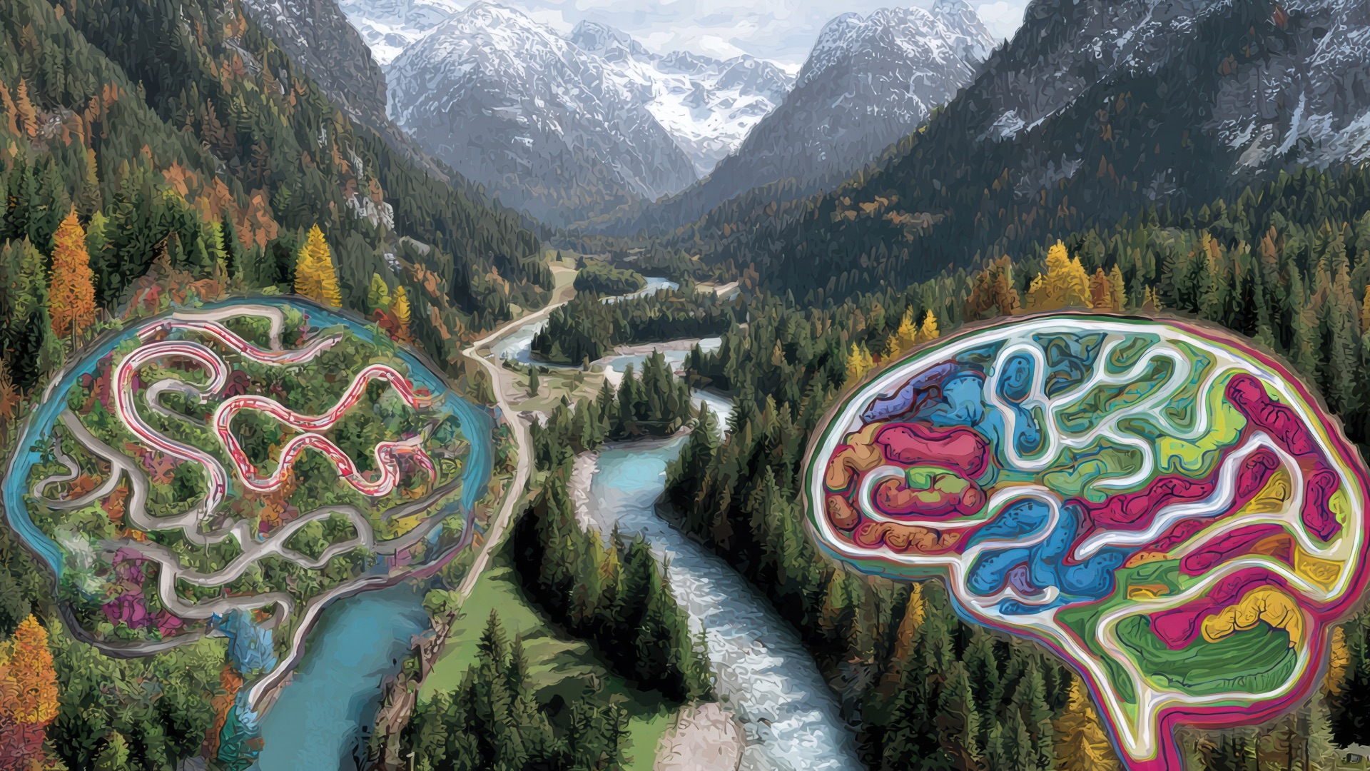 Brain and emotional pathways illustrated over a mountain landscape, symbolising midlife crisis, inner change and self-discovery journey – Abi Beri holistic therapist Ireland