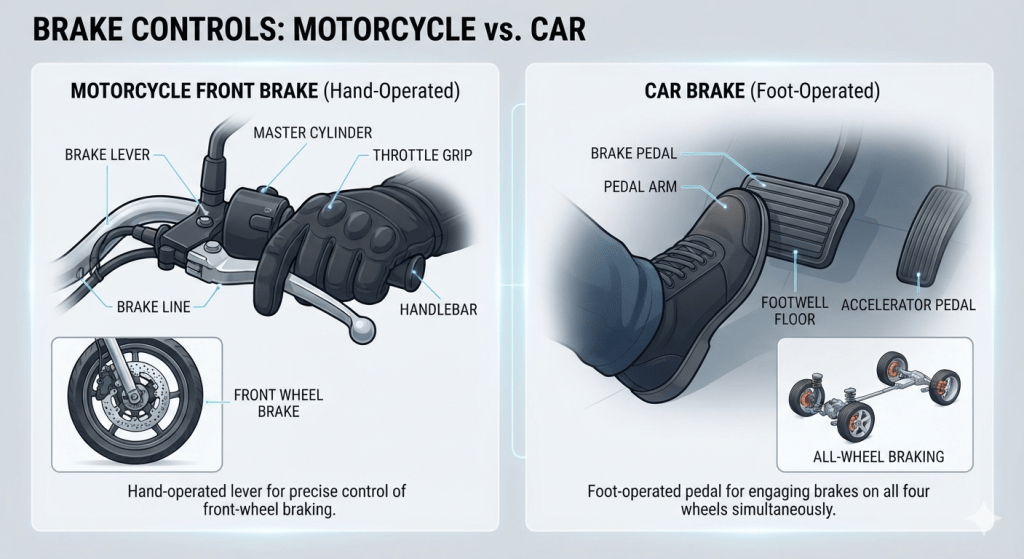 comparison of a motorcycle's front brake lever versus a car's foot brake pedal