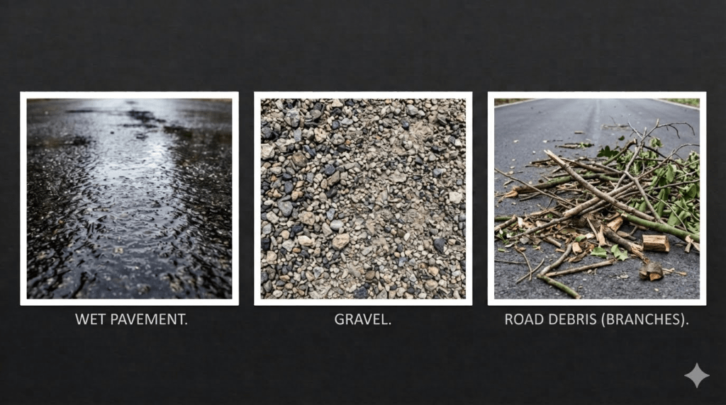 road surfaces types wet pavement, gravel, and debris