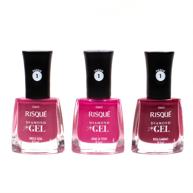 Imagem publicitária de três esmaltes da linha Risqué Diamond Gel, de cores diferentes.