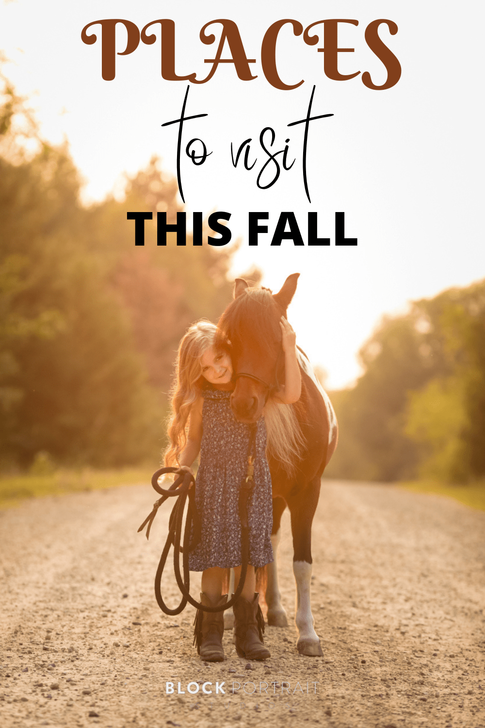 Photograph of a little girl and her pony on a dirt road by Block Portrait Studios