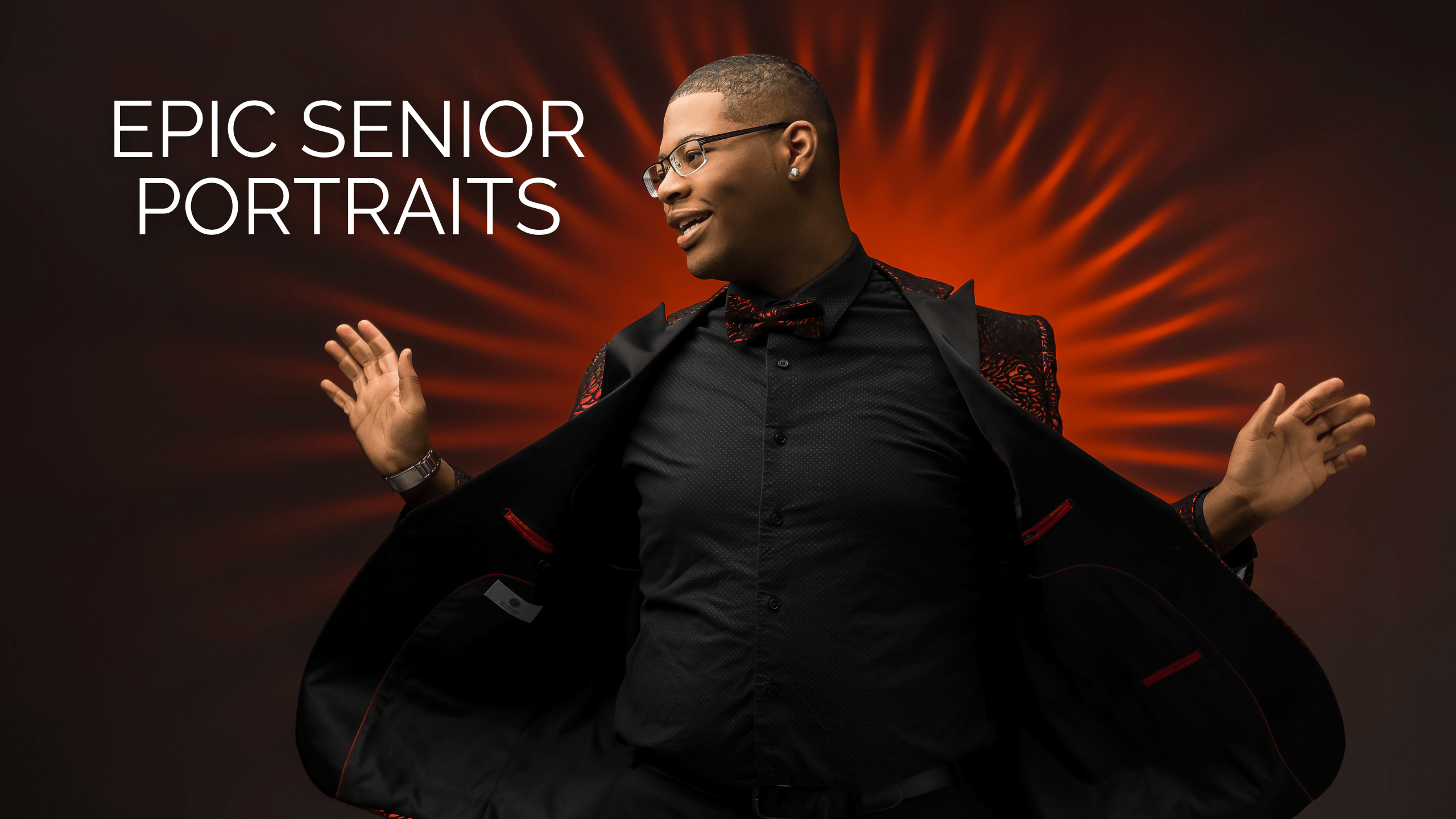 Red background with text "Epic Senior Portraits" with a high school senior in a black suit.