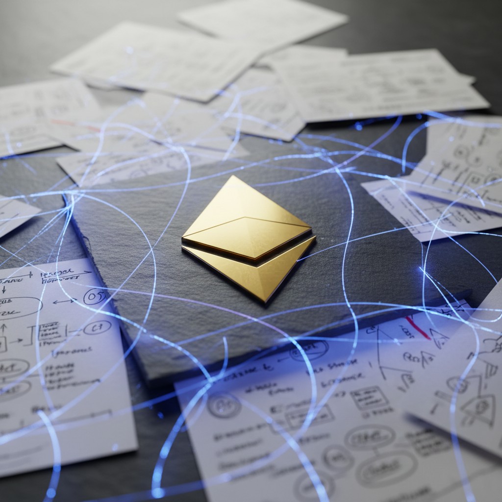 This image shows a gold Ethereum symbol, two post-it notes, and some handwritten doodles and connective lines.