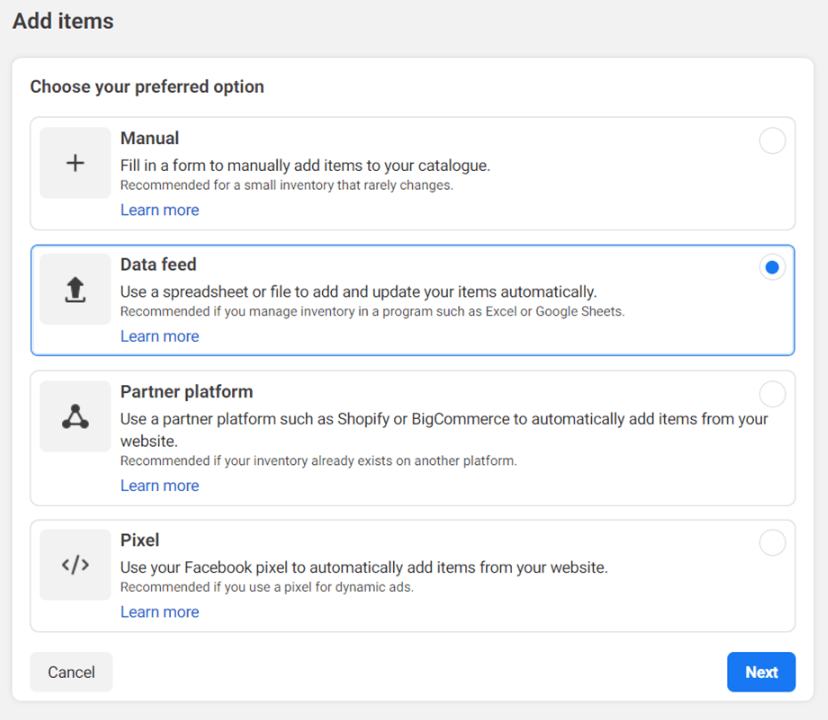 Screenshot of adding items on Meta Commerce Manager