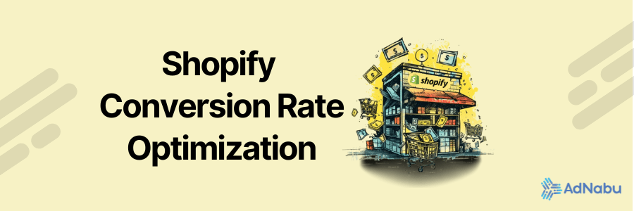 A hand drawn illustration of a Shopify store with shopping carts around it, along with Shopify Conversion Rate optimization text
