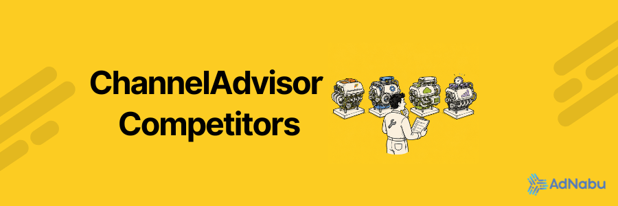A hand drawn minimalist illustration on a solid yellow background featuring a race team mechanic standing in front of four different racing engines placed on simple display stands, along with "ChannelAdvisor Competitors" text