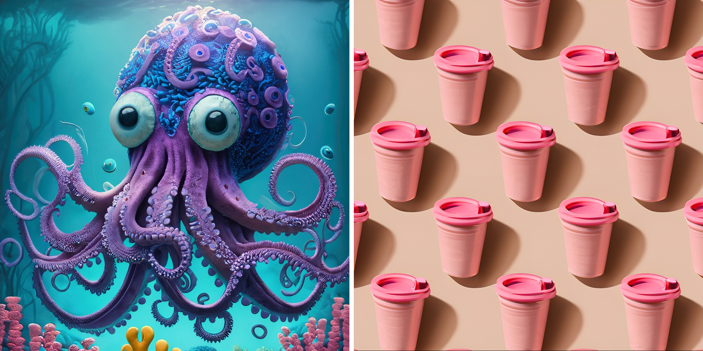 Imagen de un pulpo morado y tazas rosas generada con Adobe Firefly.