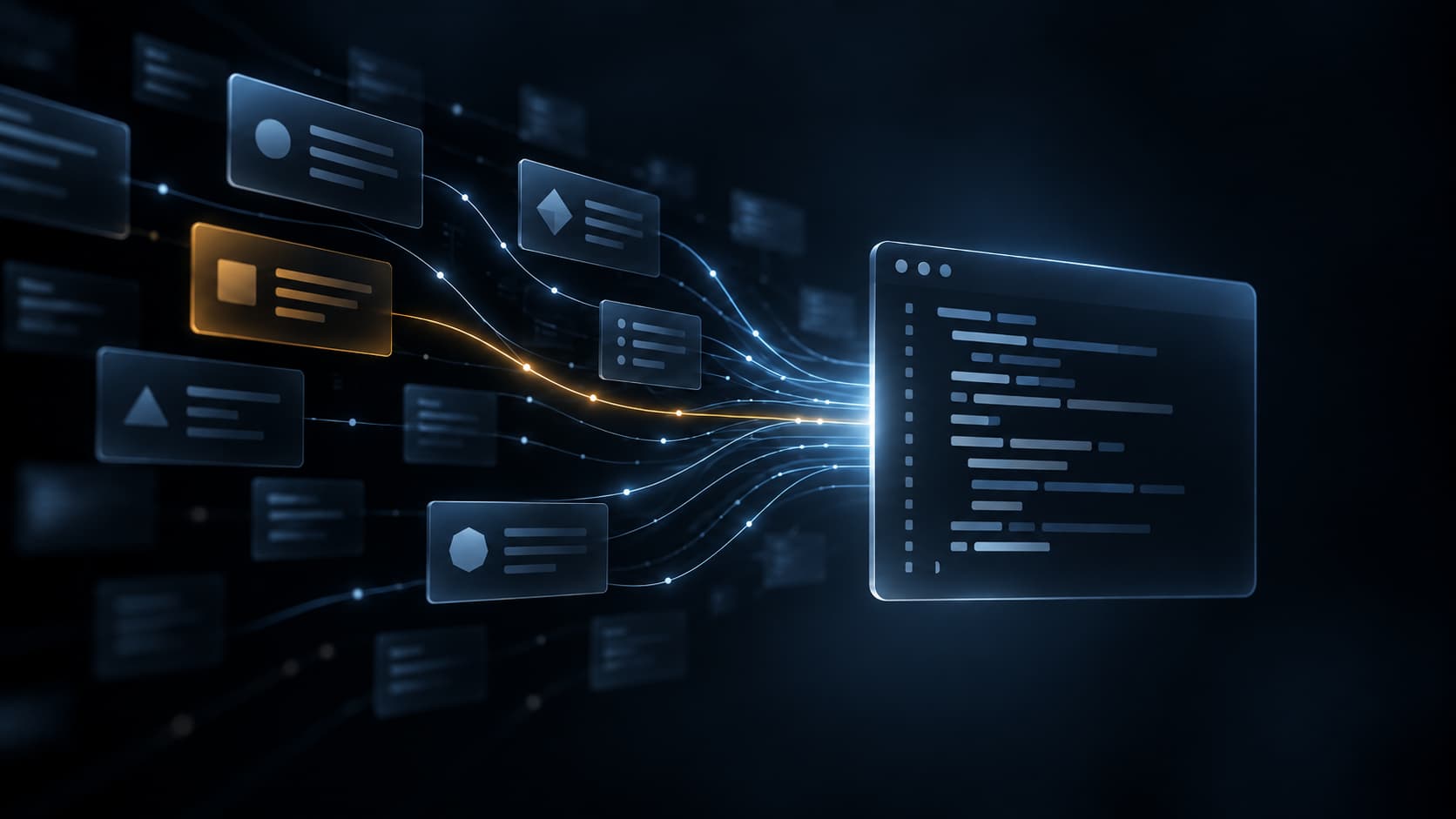 Faint document and ticket cards feeding threads into a clean code window, with one amber thread showing untrusted context entering an AI coding agent code review