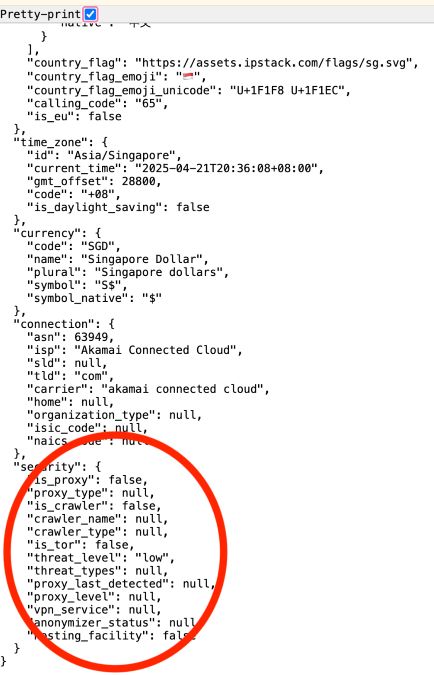 Response from IPstack Geo API with fraud detection enabled