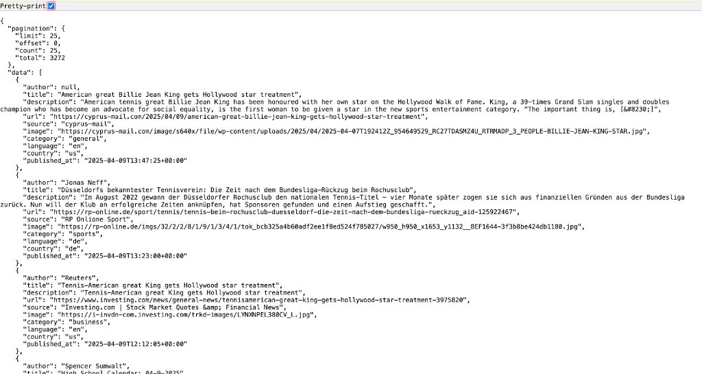 Mediastack news API JSON response object