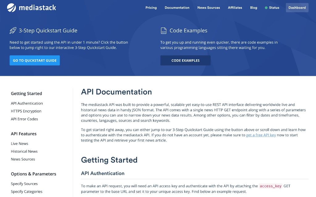 Mediastack real-time news API documentation