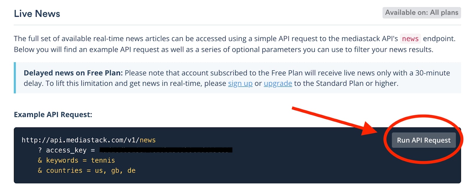 example of api request , Highlighting Run test