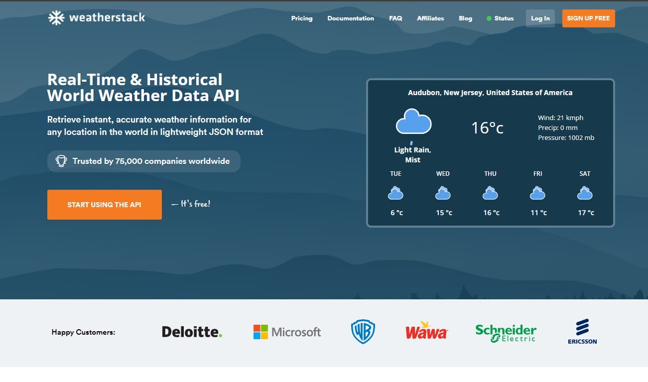 Weatherstack home page
