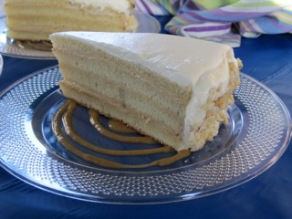 Another sophisticated cook-off entry, Fluff-banana torte with peanut butter sauce.