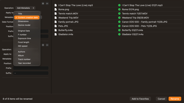 ForkLift Multi-Rename Window with the option to use metadata to batch rename files