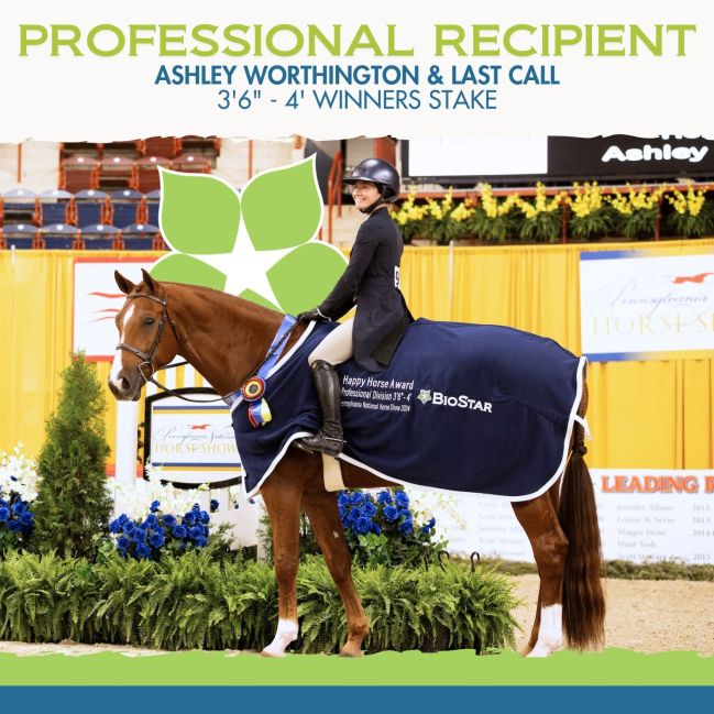 2024 Professional Recipient: Ashley Worthington & Last CallPro Division 3'6" - 4' Winners Stake Pictured here with BioStar's customer service manager, Becca | BioStar Happy Horse Award