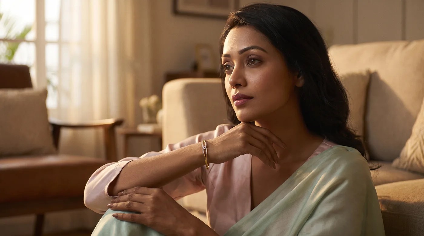Kada bangles 2026 buying guide hero showing a fair-skinned Indian woman wearing The Estrella Oval Bangle in fine gold