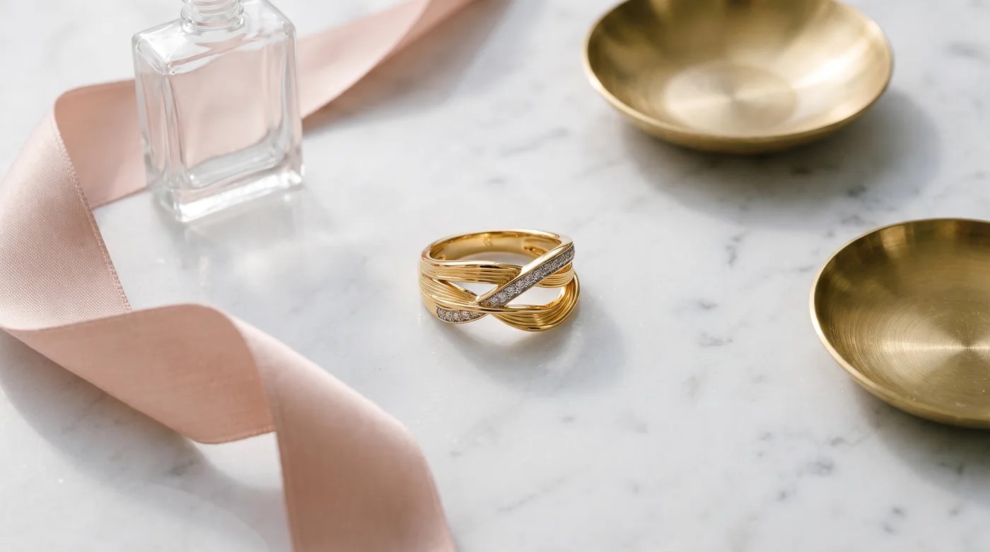Stackable rings 2026 buying guide flatlay on a marble vanity showing The Rafia Ring in fine gold