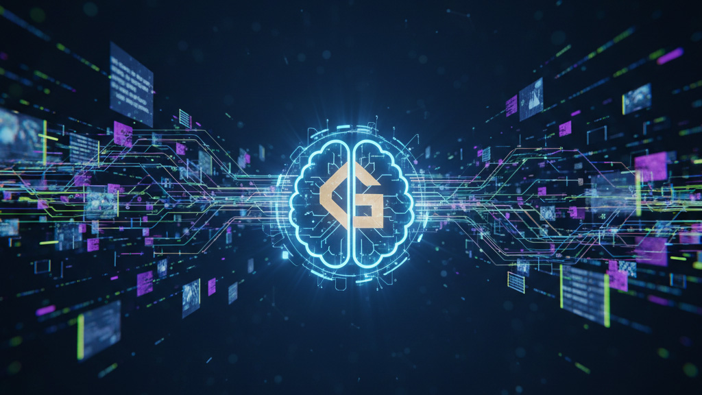 Abstract representation of Generative Engine Optimization (GEO): AI processing diverse digital content for structured output.