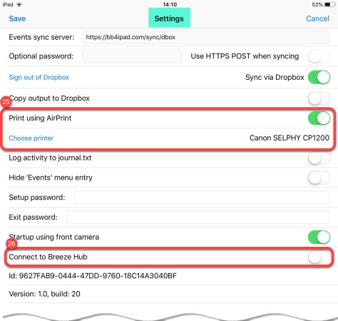 Breeze Booth for iPad Settings screen