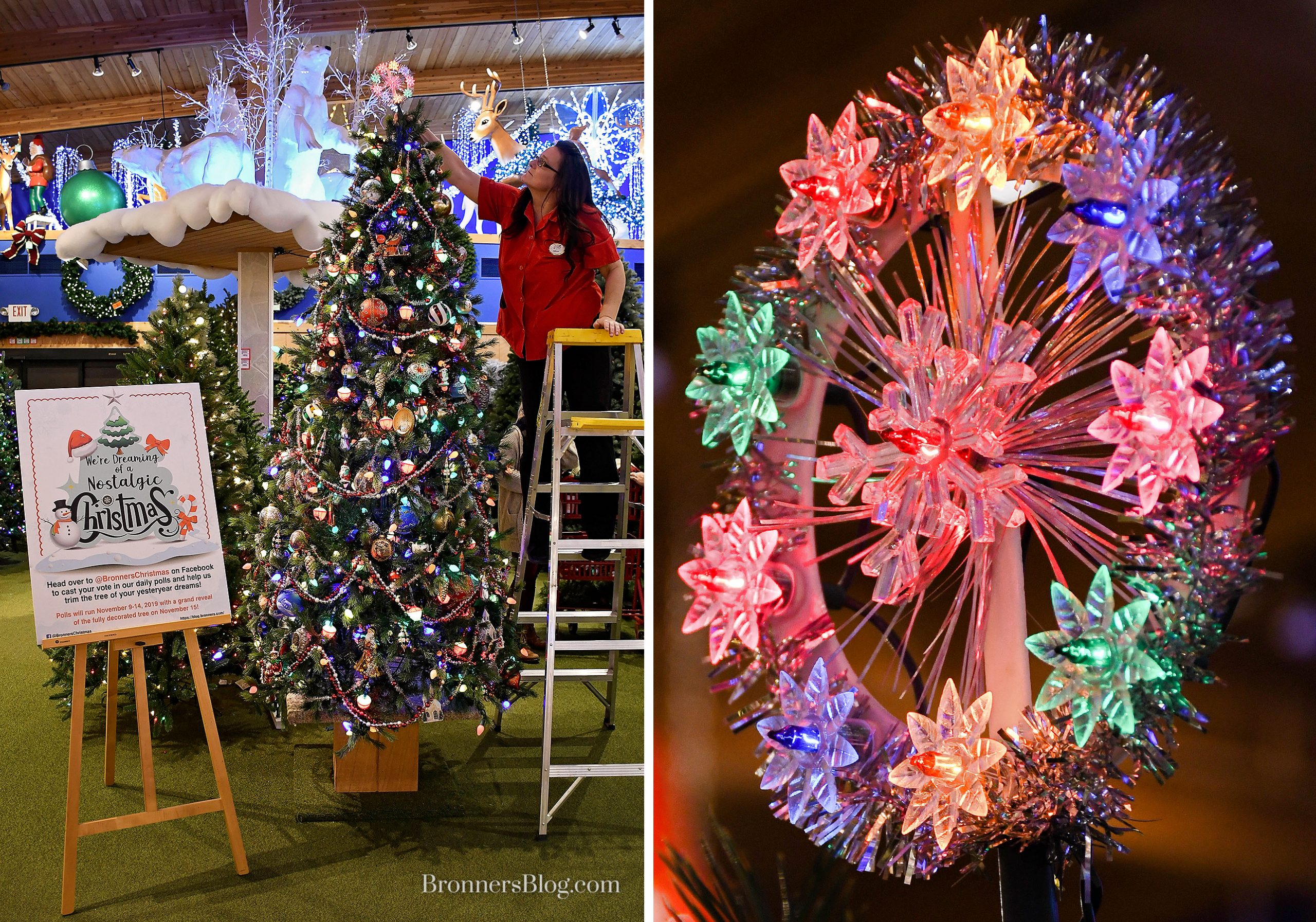 Misty from Bronner's decorating team adds the tinsel snowflake tree topper atop the Vintage Christmas tree. 