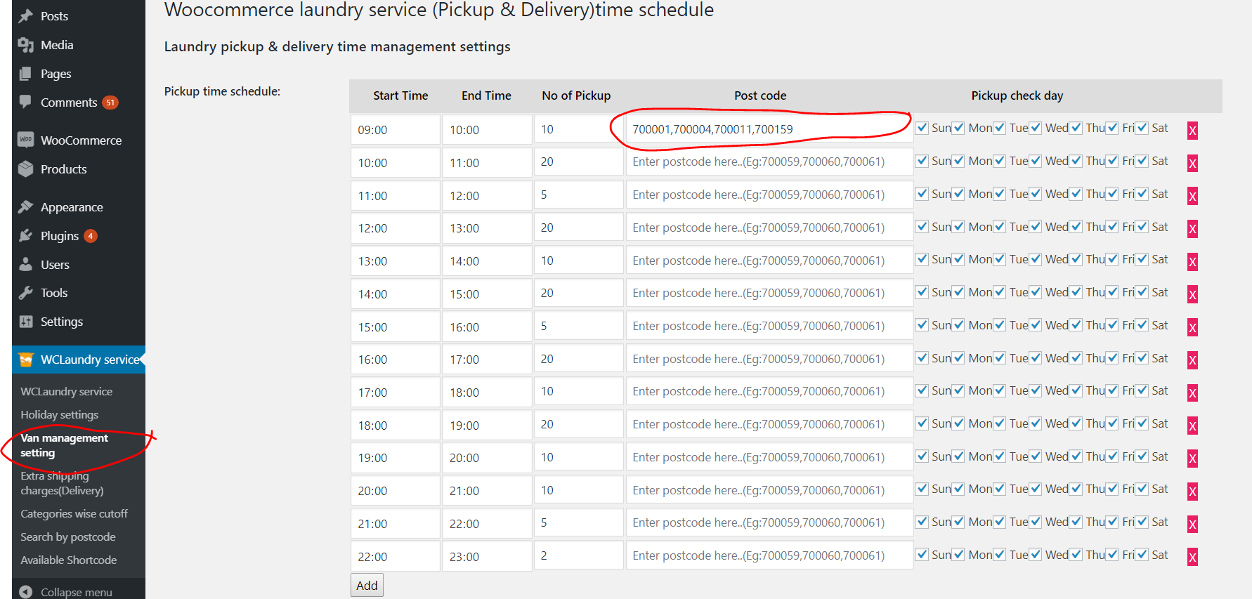 Navigate to Van Management Settings, create time slots and assign to to certain zip codes.