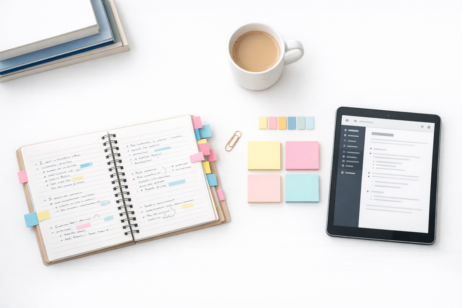 Flat-lay overhead view of organized desk with notebook, colourful tabs, reference books, and tablet showing documentation interface