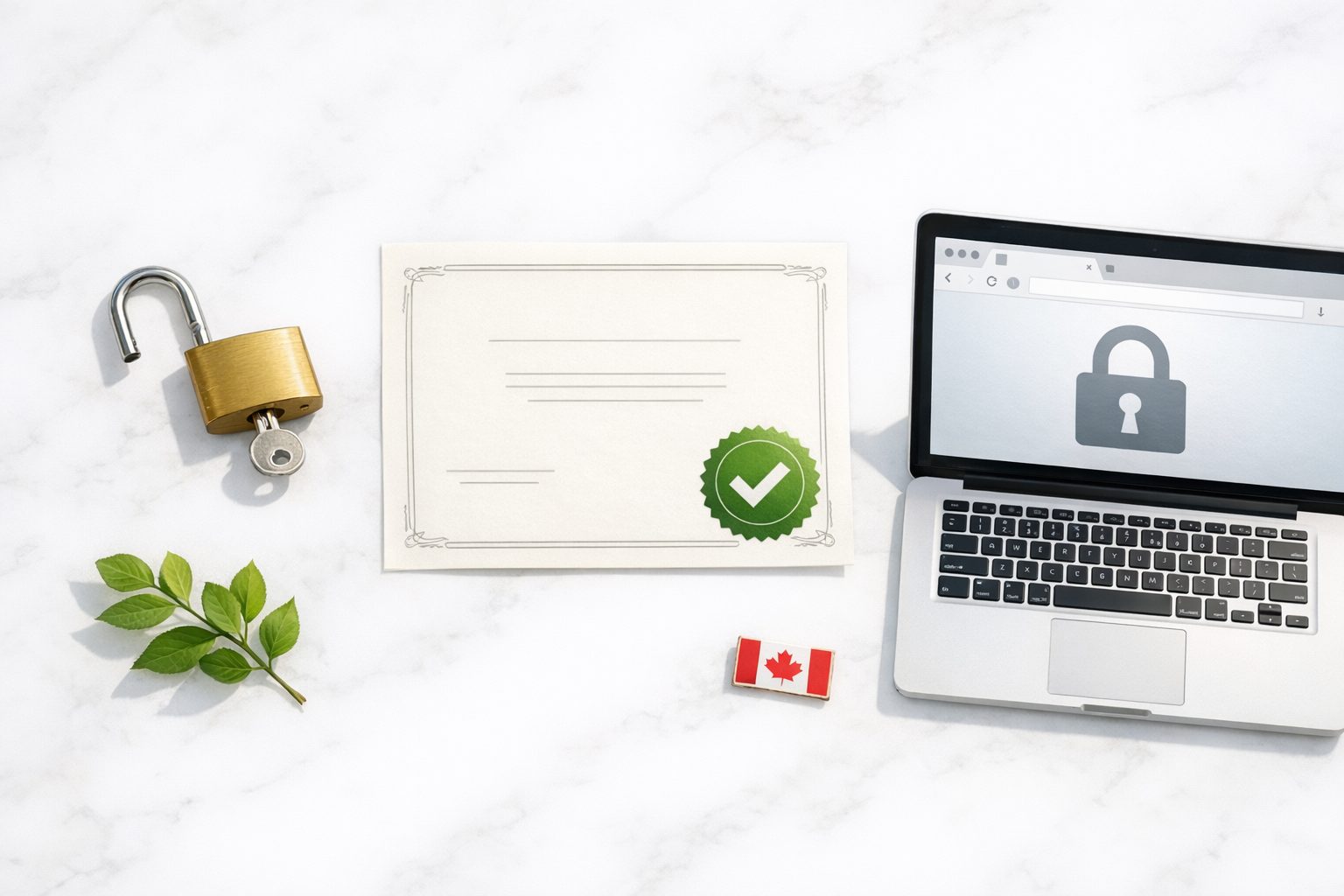 Overhead flat-lay on white marble: brass padlock with key, certificate with green seal, laptop showing browser padlock, green plant sprig, Canadian flag pin
