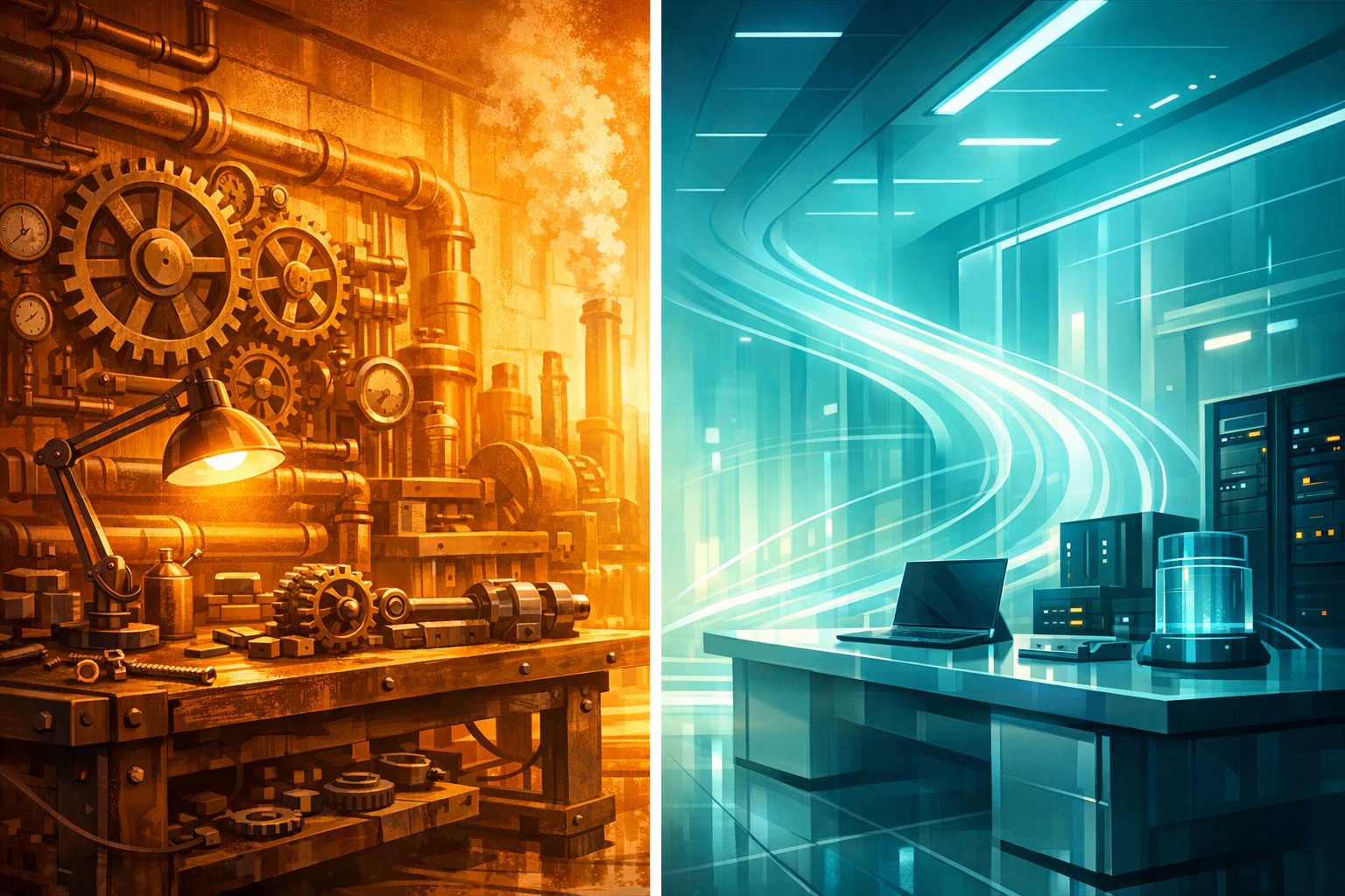 Split image: warm orange workshop with gears representing Apache on left, cool teal modern lab with light streams representing Nginx on right