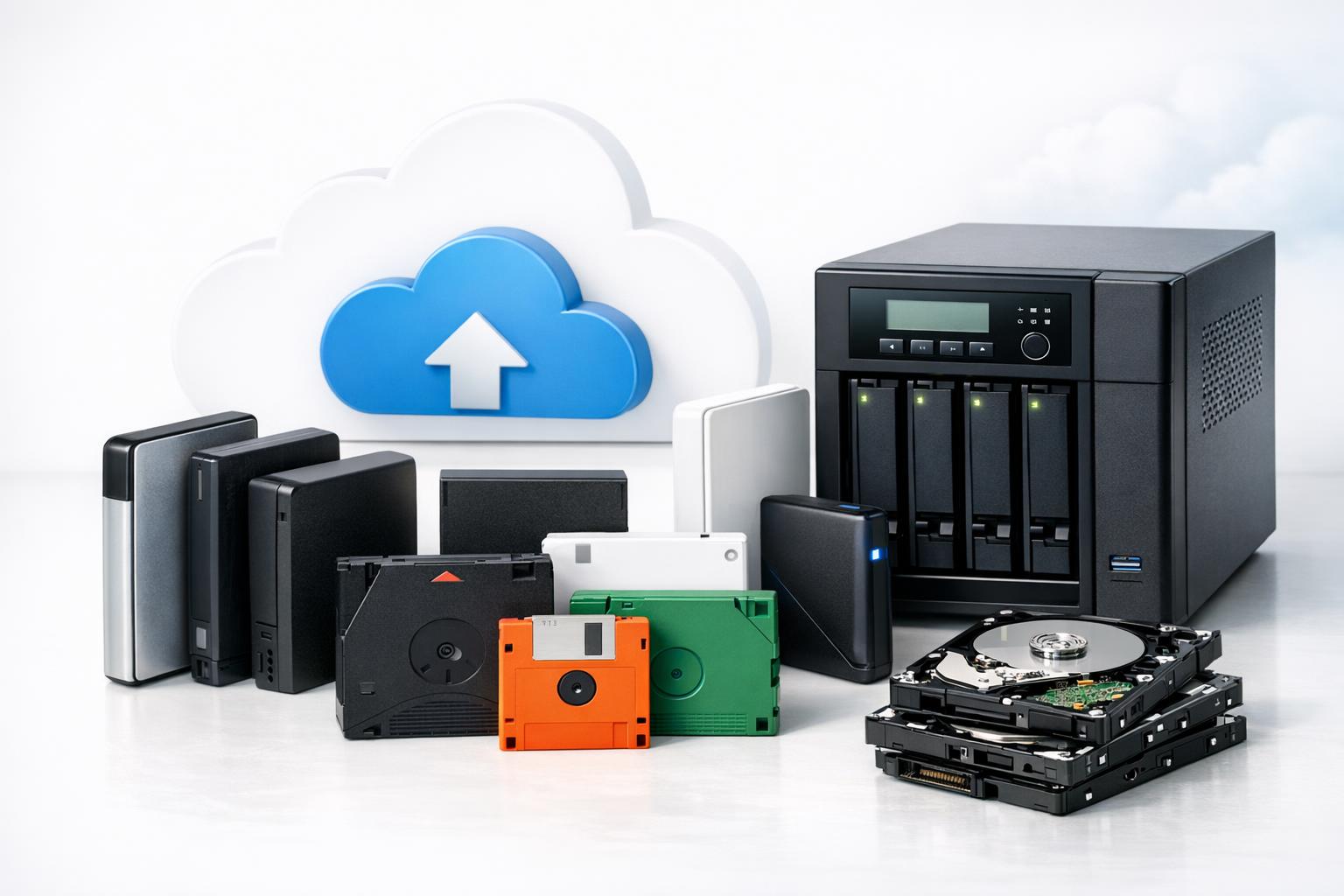 Backup drives and cloud upload symbol representing WordPress backup options