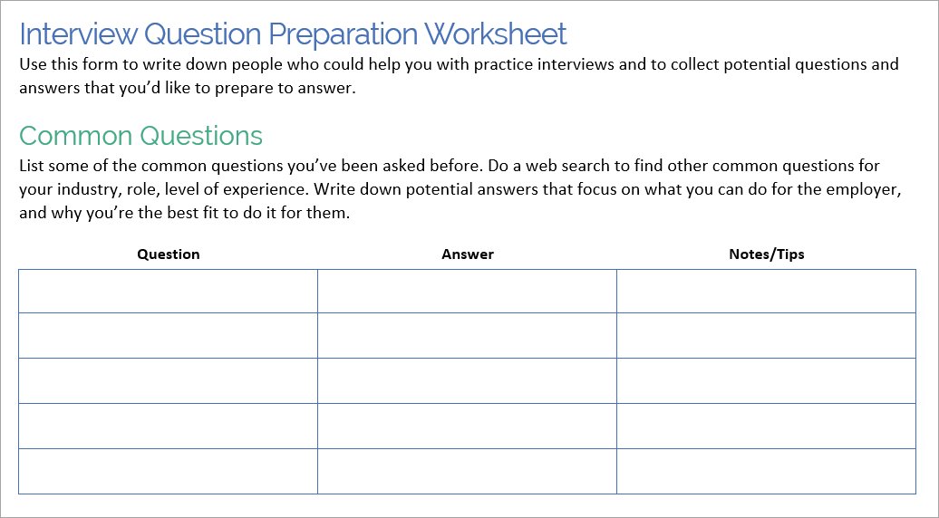 Job interview preparation worksheet
