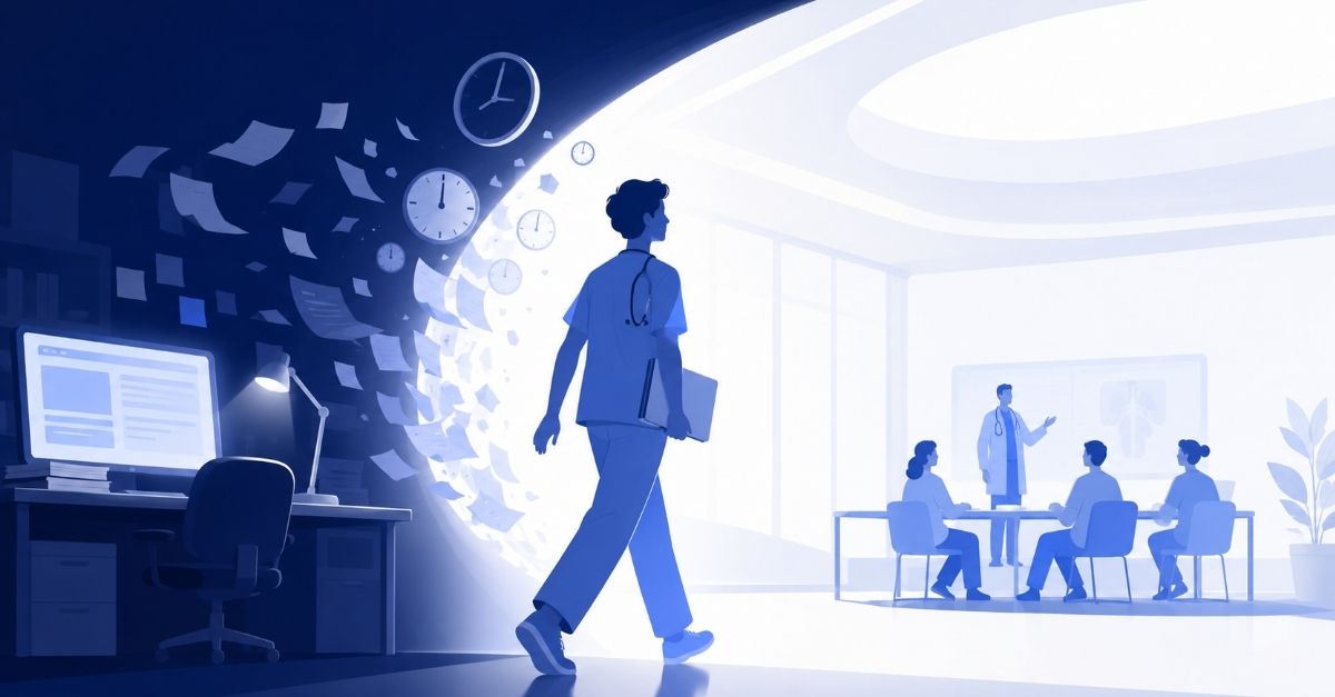 Illustration of a medical resident walking away from a chaotic desk of paperwork and clocks toward a bright teaching session with colleagues, representing time reclaimed from documentation for learning