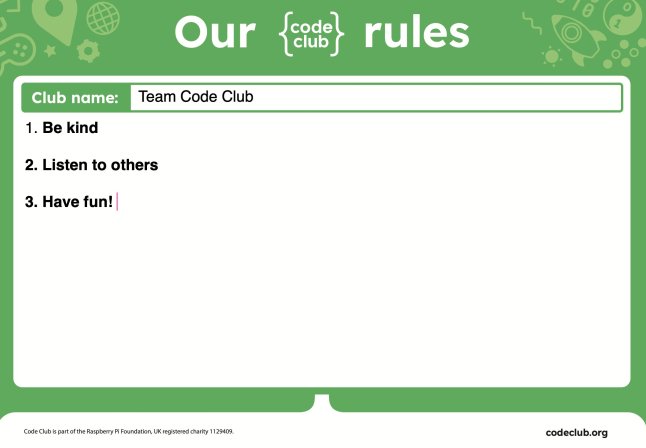 A poster displaying the rules of a Code Club session, highlighting kindness, listening to others, and having fun.
