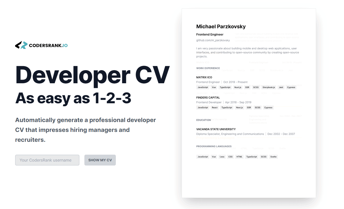 A resume is a formal document created and used by a person to show their career background and skills. How To Create A Killer Developer Cv With Codersrank S Cv Generator Codersrank Blog