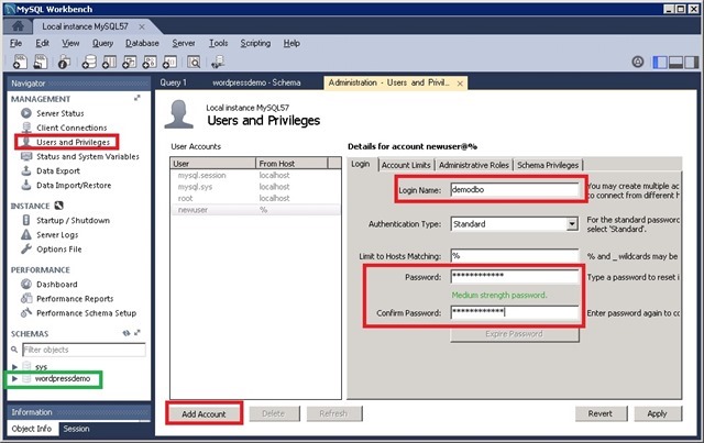 Workbench 创建 MySQL 数据库 User