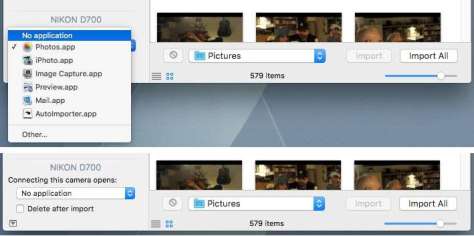 Wat wil je Mac doen als die deze camera of dit kaartje tegenkomt? In het pop-up-menu bij 'Connecting this camera opens:' kies je voor 'No Application'.