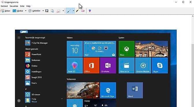 Een gemaakte schermafbeelding kan in de Windows-tool Knipprogramma van annotaties voorzien worden