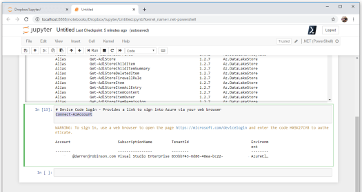 Authenticated to Azure with PowerShell Jupyter Notebook