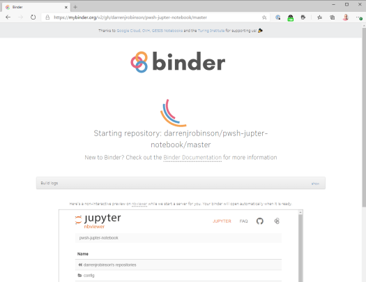 Start Binder Jupyter PowerShell Notebook Container Image on Ubuntu 18.04