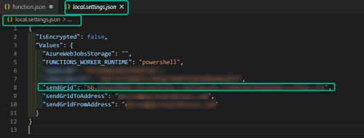 Azure PowerShell Function local.settings.json SendGrid API Key variable