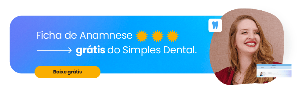 Banner digital promovendo a ficha de anamnese grátis do aplicativo Simple Dental, com uma jovem sorridente ao lado do texto e botão de download.