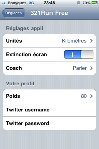 321Run Free - Menu paramètres