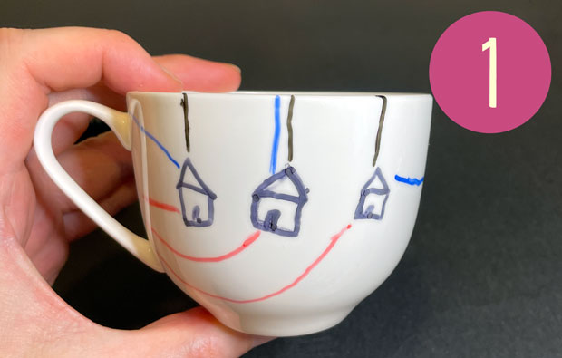 three houses, each with a red, a blue and a black line leading out of them