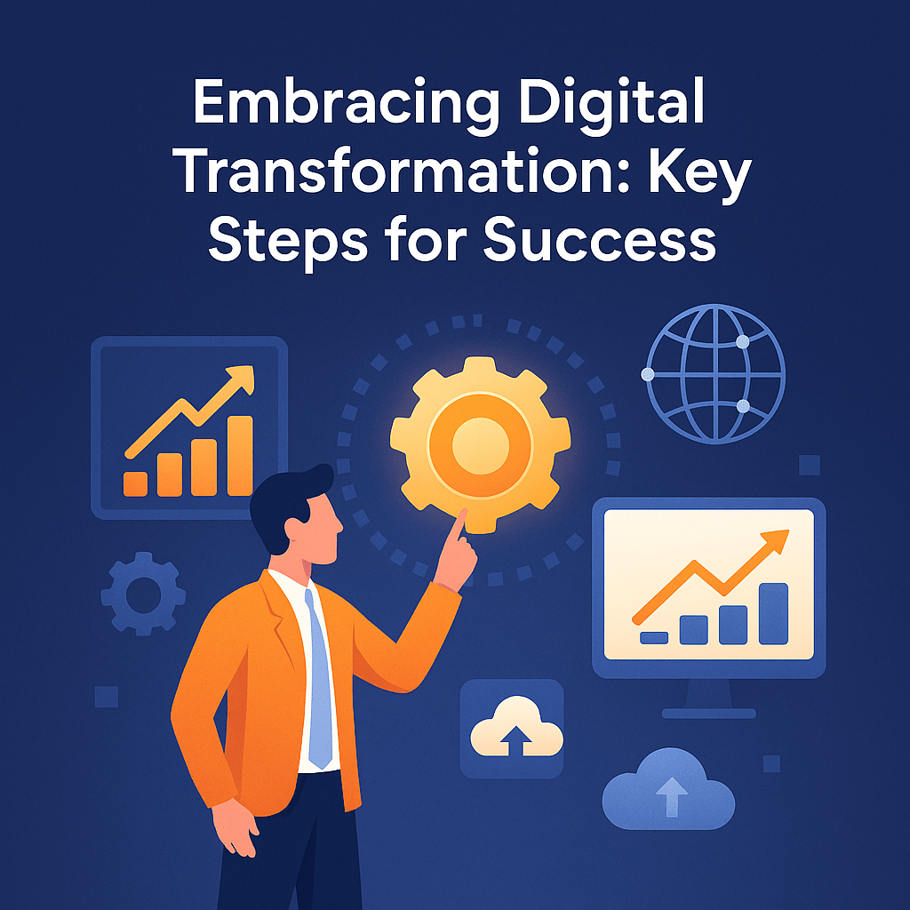 Business professional pointing at digital transformation icons including gear, cloud, analytics, and global network on a blue background