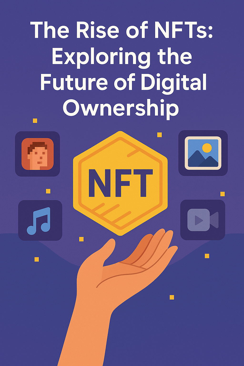 NFT digital ownership concept with golden token, pixel art, music, image, and video icons on a purple background