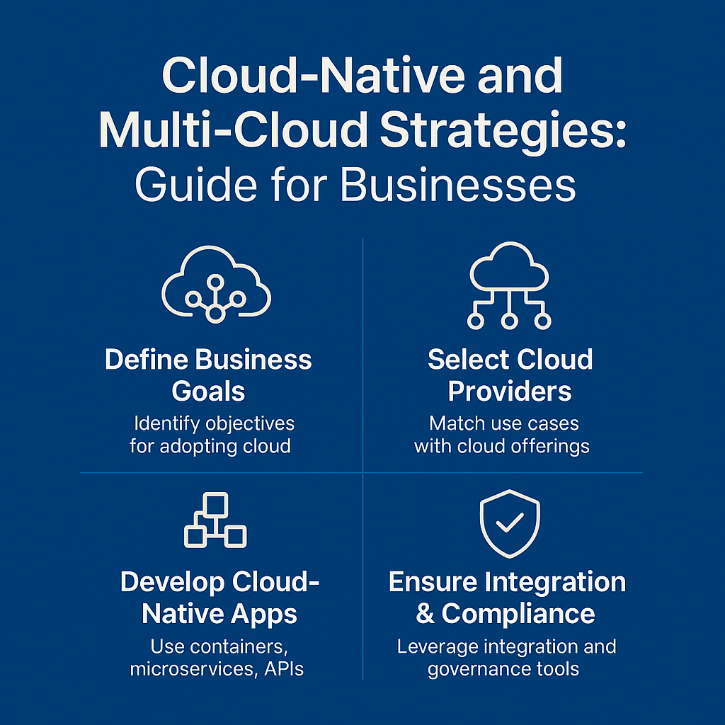 Infographic on Cloud-Native and Multi-Cloud Strategies 2025 showing four key steps: define business goals, select cloud providers, develop cloud-native apps, and ensure integration with compliance.